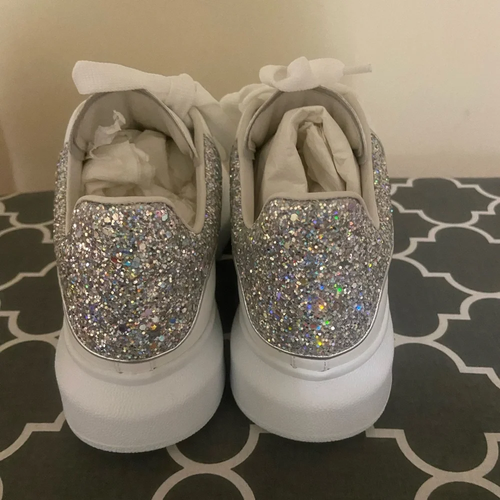 Alexander McQueen White Sneakers with Silver Glitter Heel
